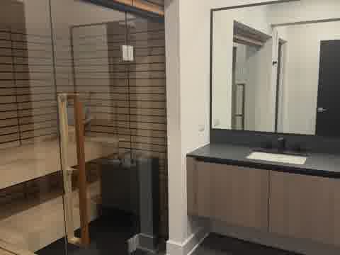 Glass sauna with cedar slats next to floating vanity and walk-in shower, Burr Ridge